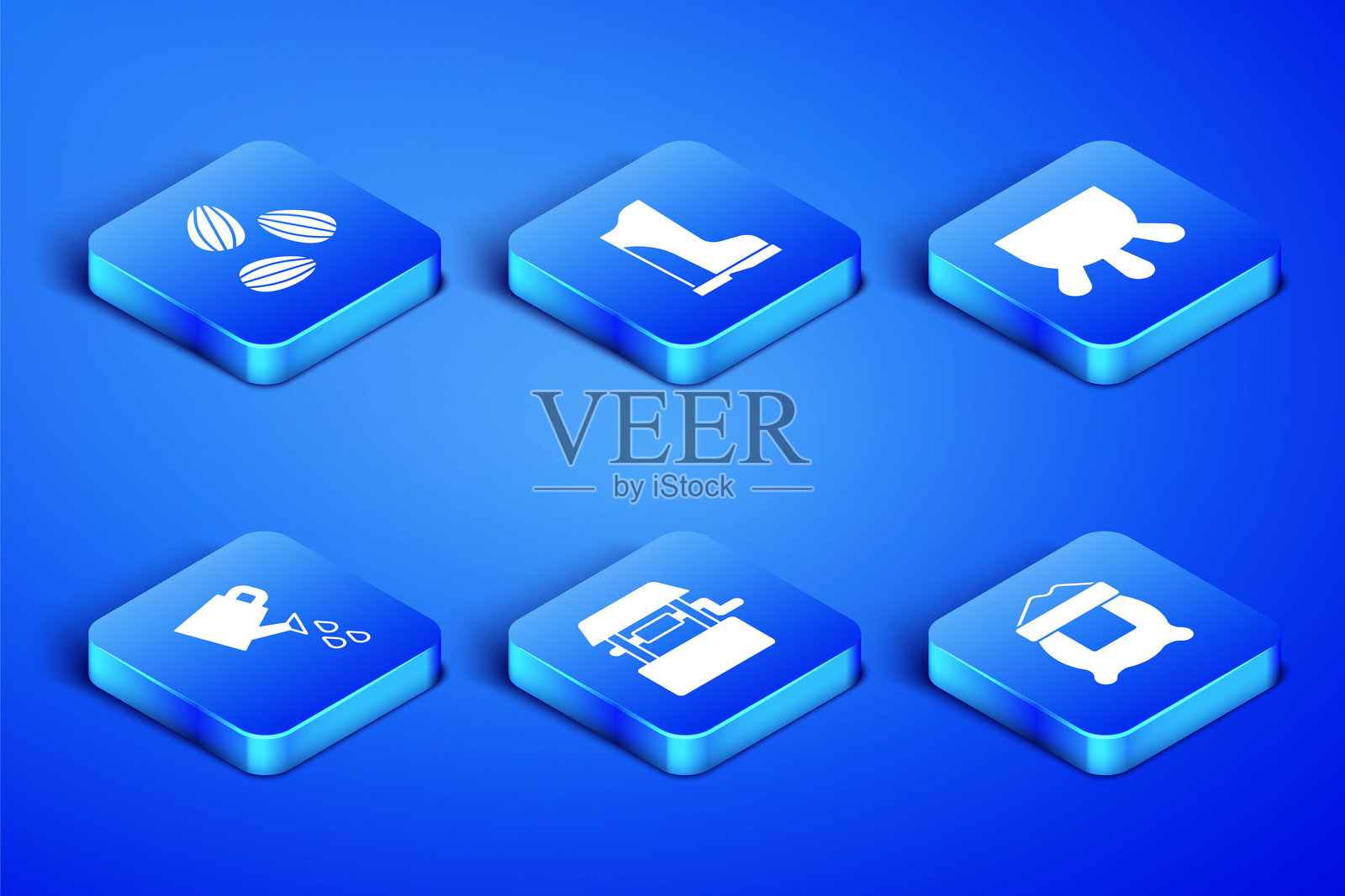 面粉袋、种子、井、水壶、防水橡胶靴和奶牛图标。矢量图。插画图片素材