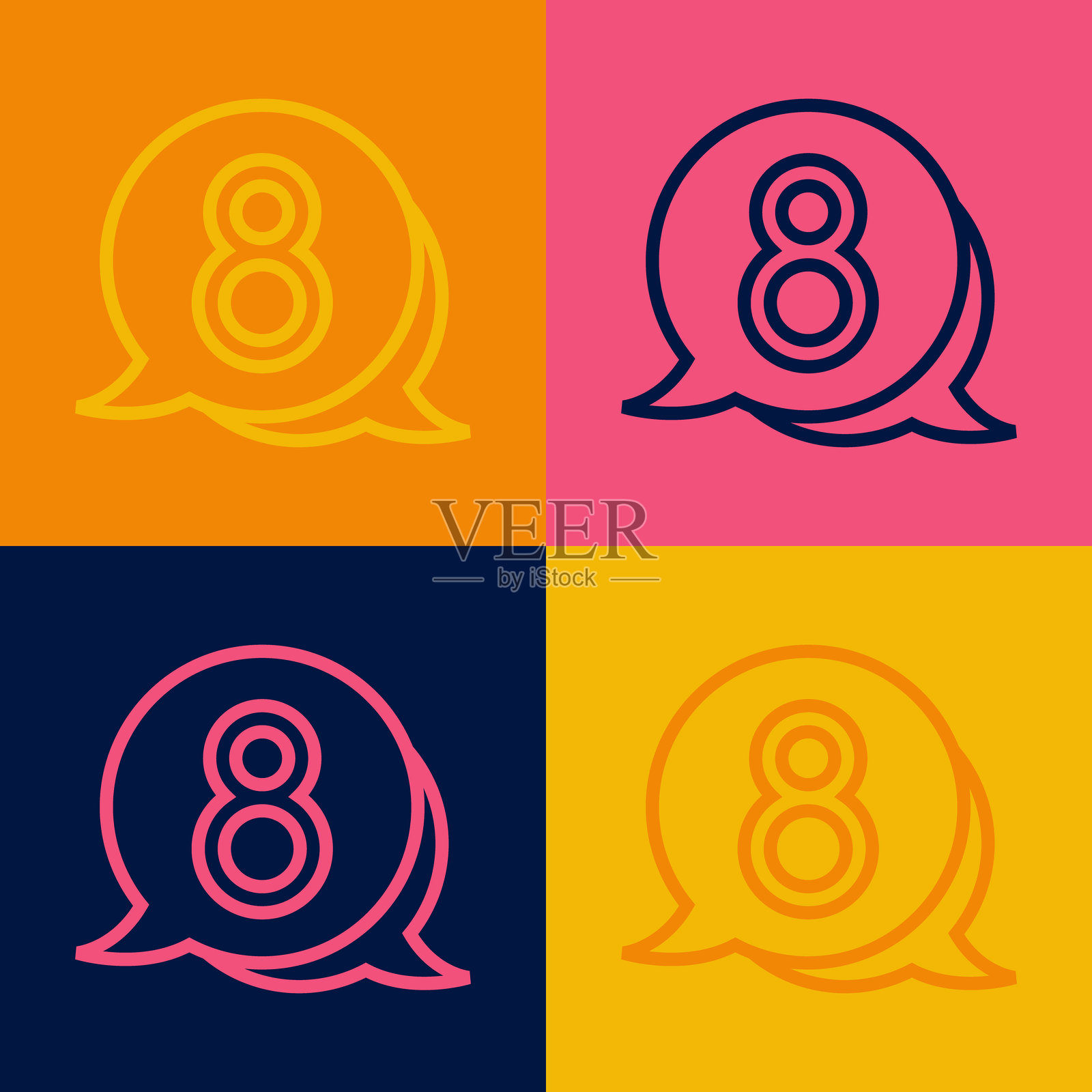 流行艺术风格的3月8日气泡图标,背景色彩丰富。国际妇女节快乐。矢量图。插画图片素材