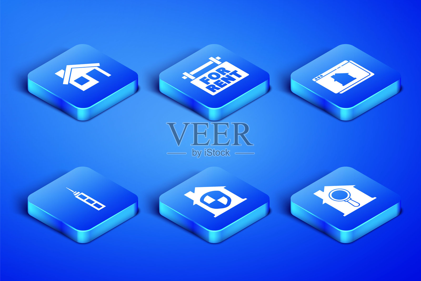 搜索房屋,房屋,受保护,摩天大楼,带有出租标志的悬挂牌和在线房地产图标。矢量图。插画图片素材