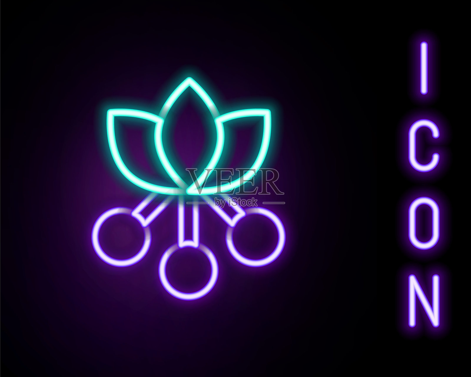 发光的霓虹线咖啡豆,带叶子和浆果的分支图标,背景为黑色。植物带有叶子、浆果、水果和种子。彩色轮廓概念。矢量图。插画图片素材