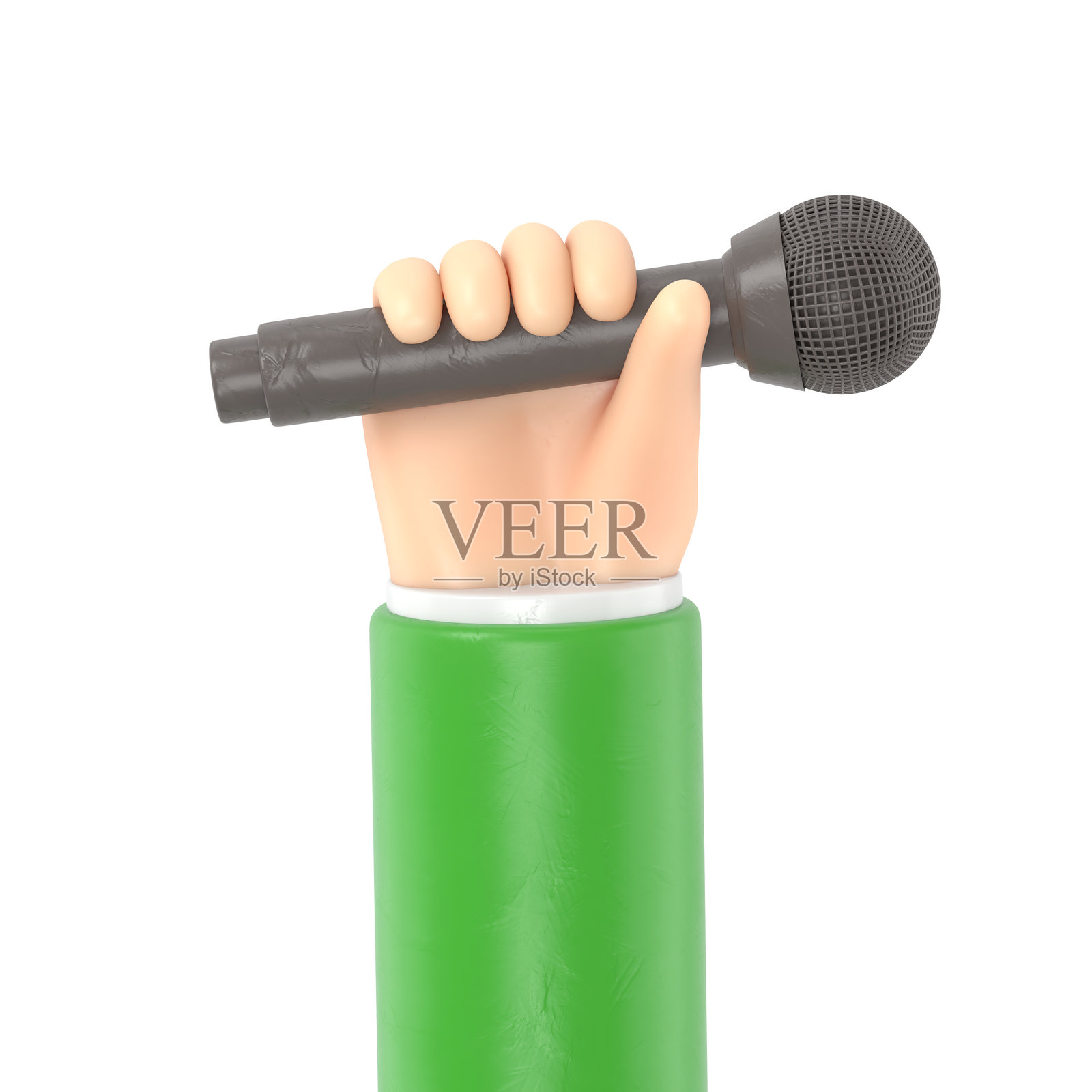 卡通手势图标模型。卡通手握麦克风。白色背景上的3D渲染。照片摄影图片