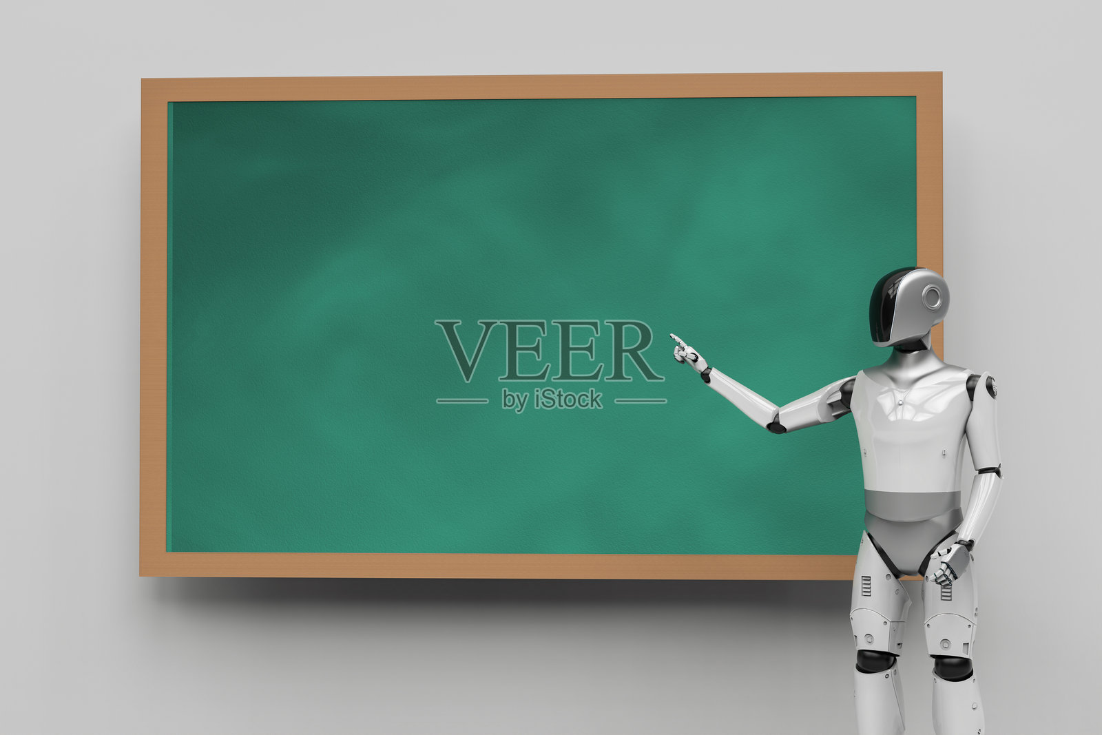 站在黑板前的人形机器人或人工智能赛博格照片摄影图片