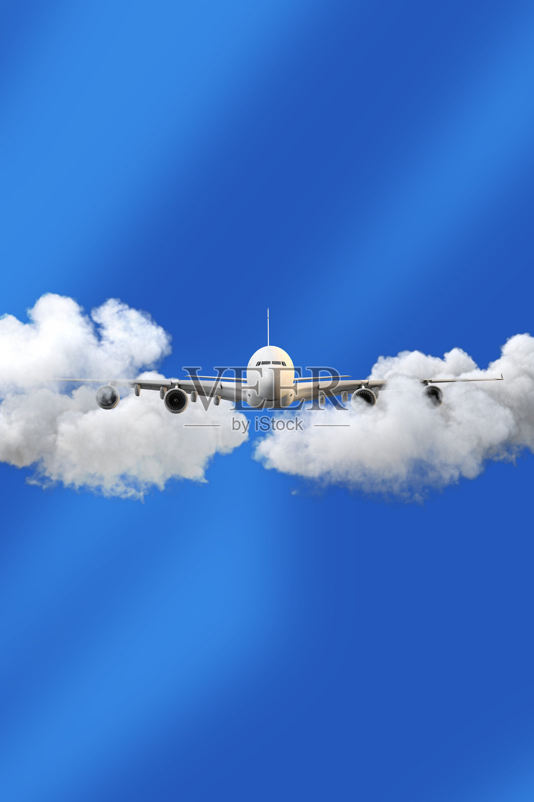 飞机在晴朗蓝天中穿越云层的航拍视角照片摄影图片