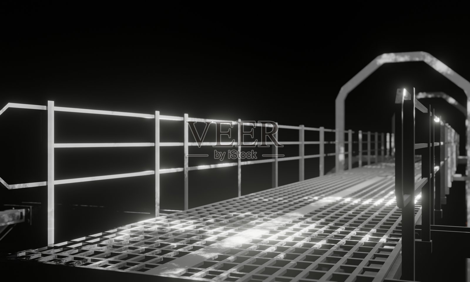 黑暗场景中的金属桥走廊视图照片摄影图片
