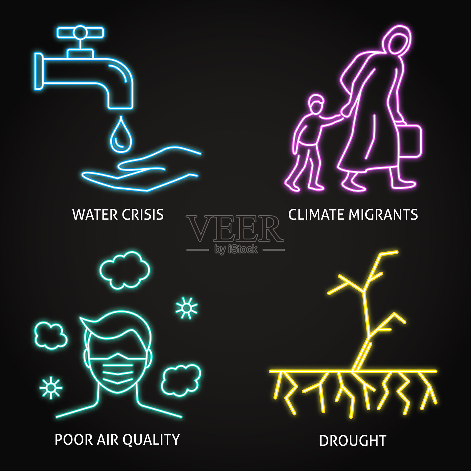 气候变化后果霓虹灯图标集插画图片素材