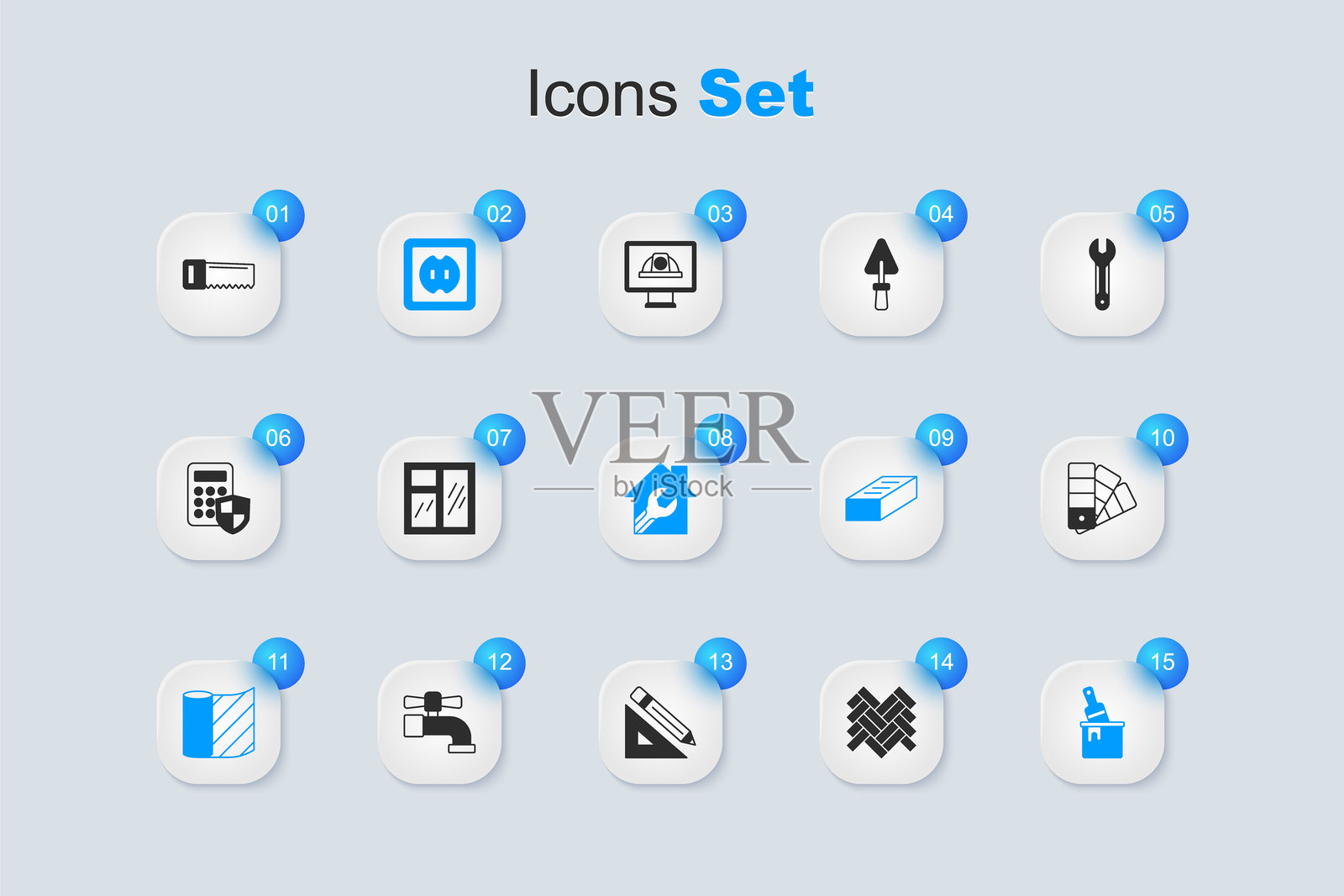 镶木地板,房间窗户,电源插座,壁纸,涂料桶和刷子,调色板,手锯和房屋扳手图标。矢量图。插画图片素材