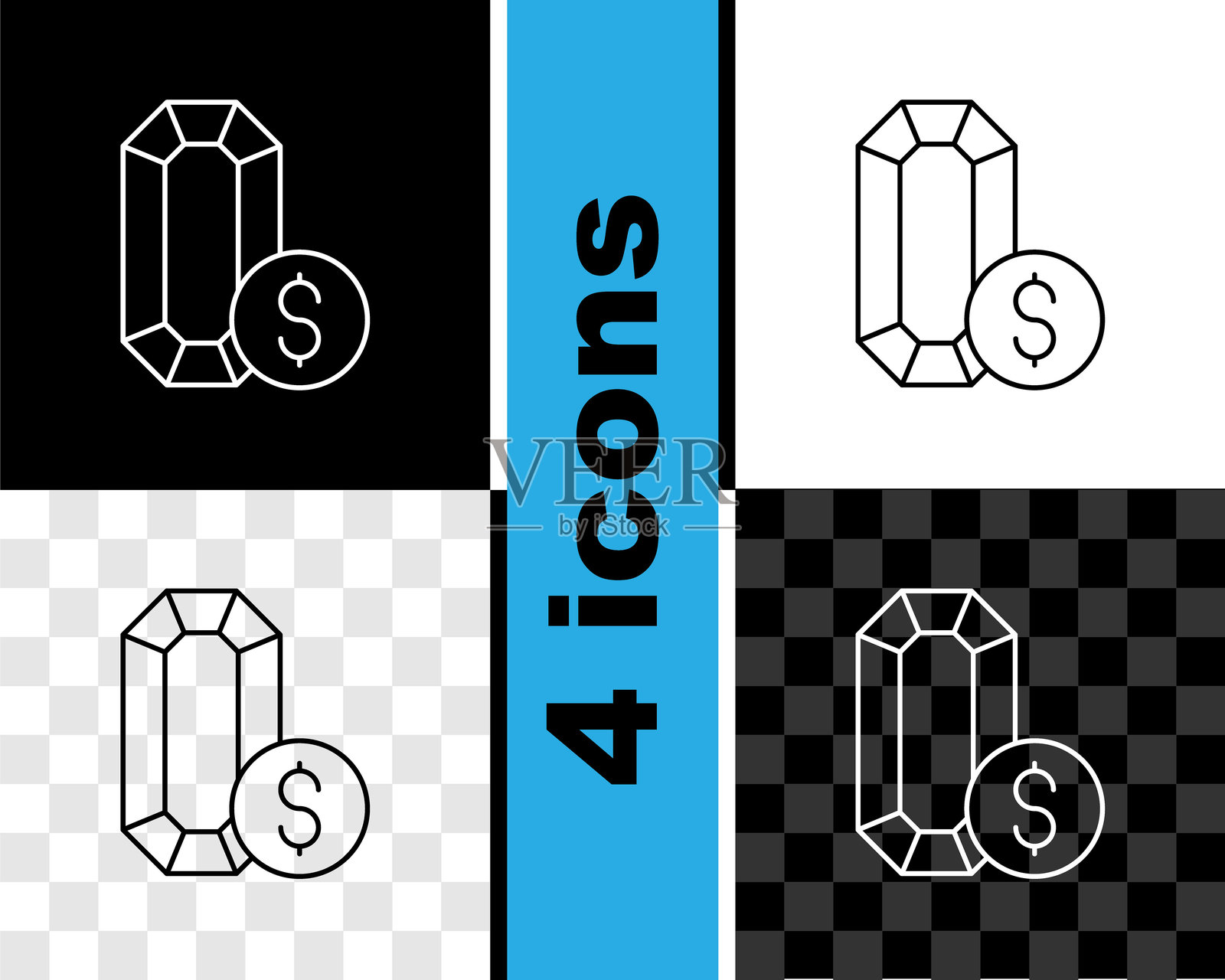 设置线条珠宝在线购物图标,黑白透明背景。矢量图。插画图片素材