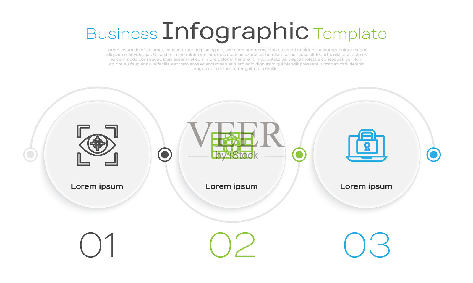 设置线条,眼睛扫描,砖墙保护和笔记本电脑与锁。商业信息图模板。矢量图。插画图片素材