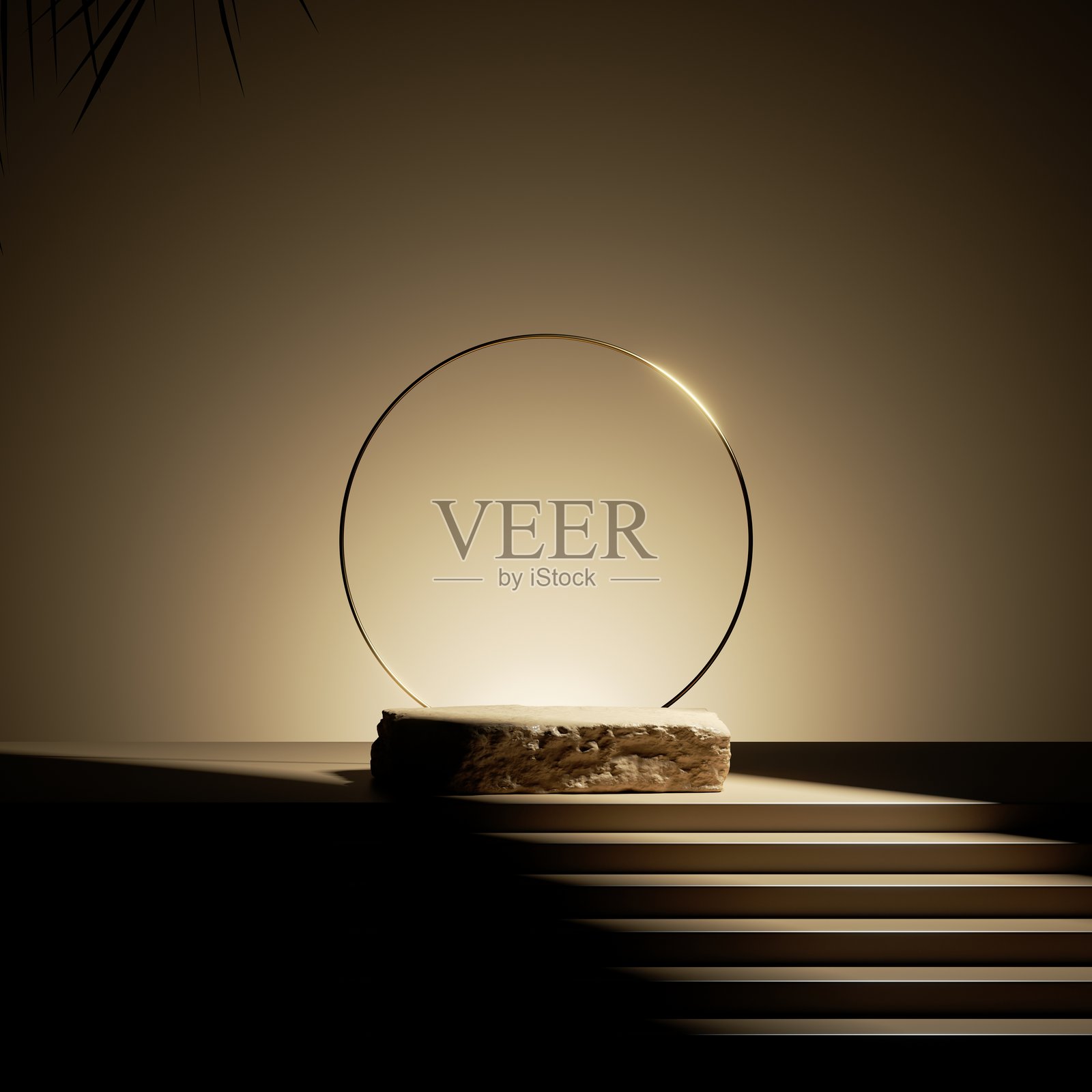 3D渲染,抽象极简主义背景,金色圆拱、台阶和空旷的鹅卵石平台用于产品展示。时尚的黑暗展示场景被明亮的聚光灯照亮。照片摄影图片