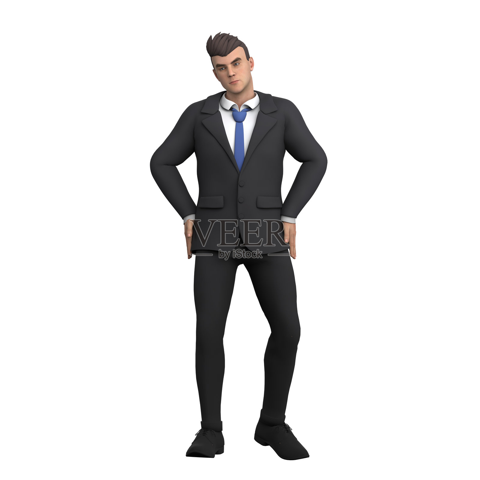3D法律专家:男性律师双手叉腰站立,似表示不同意或犹豫,卡通律师照片摄影图片