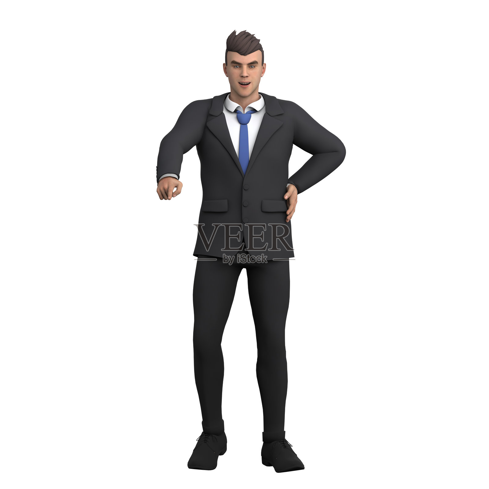 男性律师3D图:律师站立,右手指向前方,左手放在腰上照片摄影图片