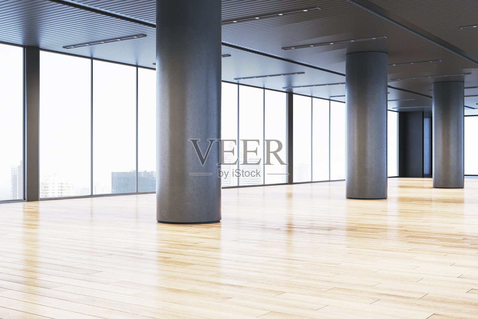 现代空旷的办公室空间,配有玻璃墙和城市景观。3D渲染照片摄影图片