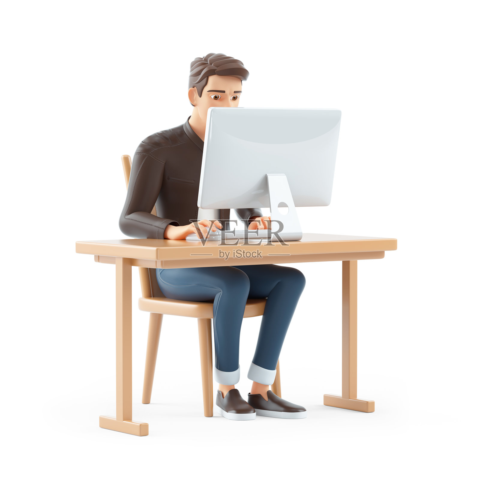 3D卡通男士在桌子上工作电脑照片摄影图片