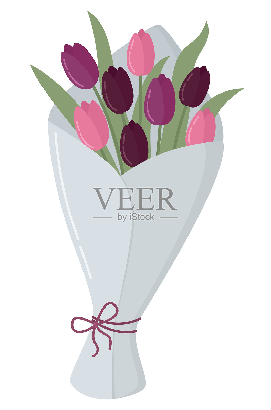 美丽的花束,里面有不同色调的郁金香,包裹在蓝色纸中插画图片素材