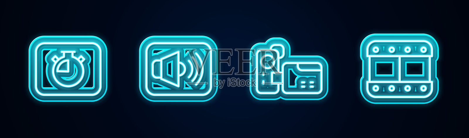 设置计时器、扬声器音量、电影摄影机和播放视频。发光霓虹图标。矢量图。插画图片素材