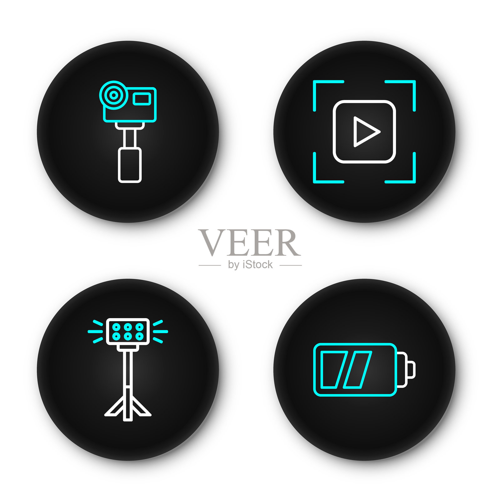 相机电池设置线,软箱中的摄影灯泡,相机对焦框线和极限动作图标。矢量图。插画图片素材