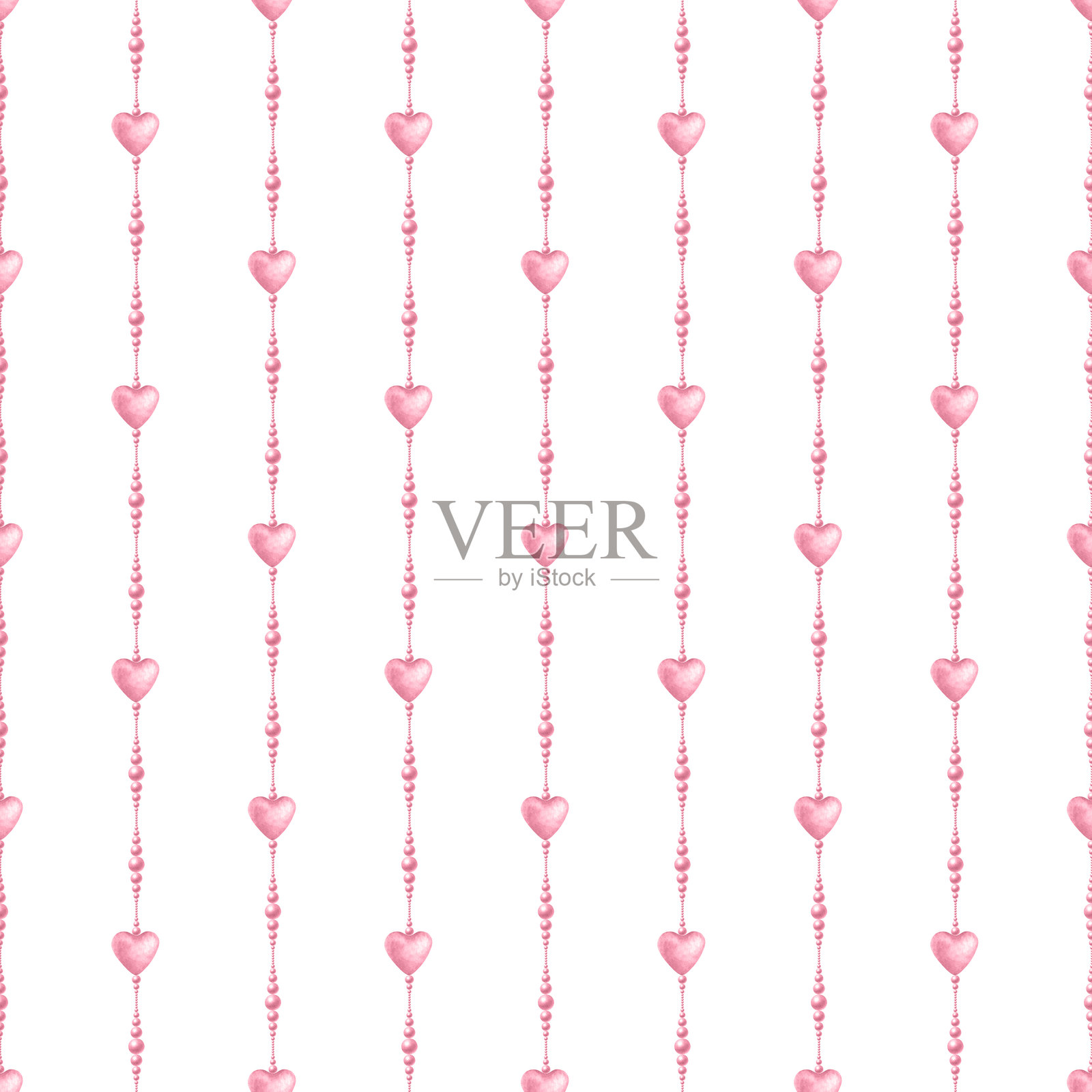 粉色调的调皮心形和珠子。手绘的水彩孤立无缝图案,适用于可爱风格、女孩风格、浪漫设计、纺织品、包装、面料和剪贴纸。插画图片素材
