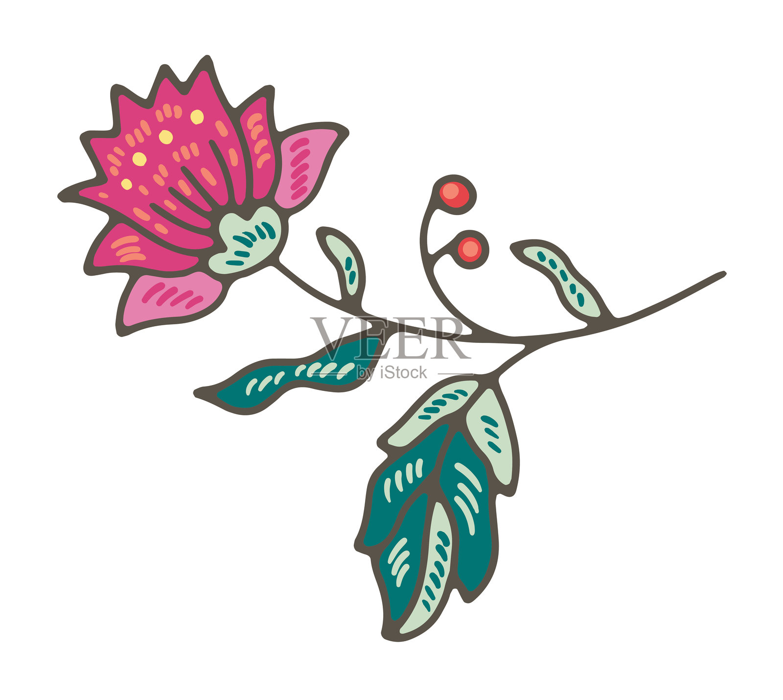 粉色花卉与绿色叶子插画图片素材