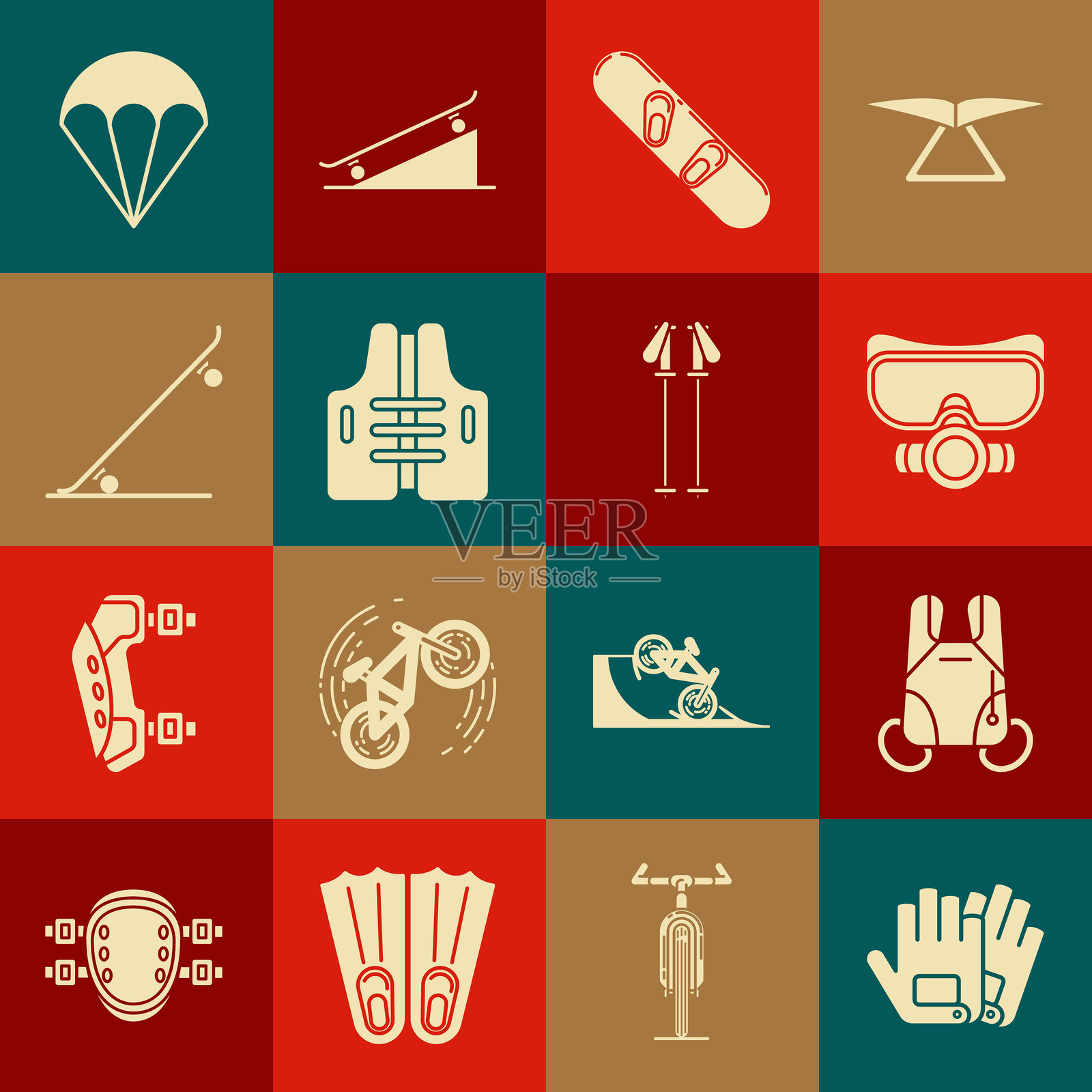 手套、降落伞、潜水面罩、滑雪板、救生衣、滑板和滑雪杖图标。矢量图。插画图片素材