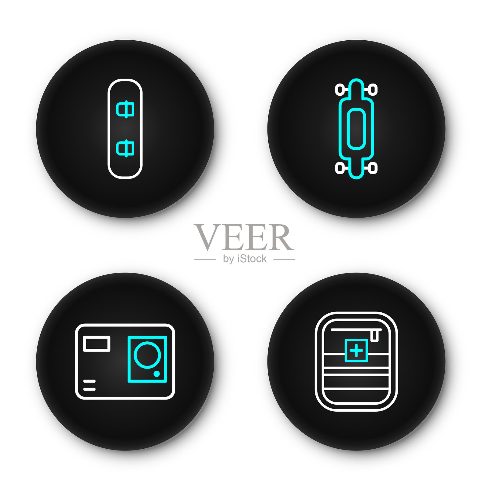 急救包图标、极限运动相机图标、长板或滑板图标和滑雪板图标。矢量图。插画图片素材