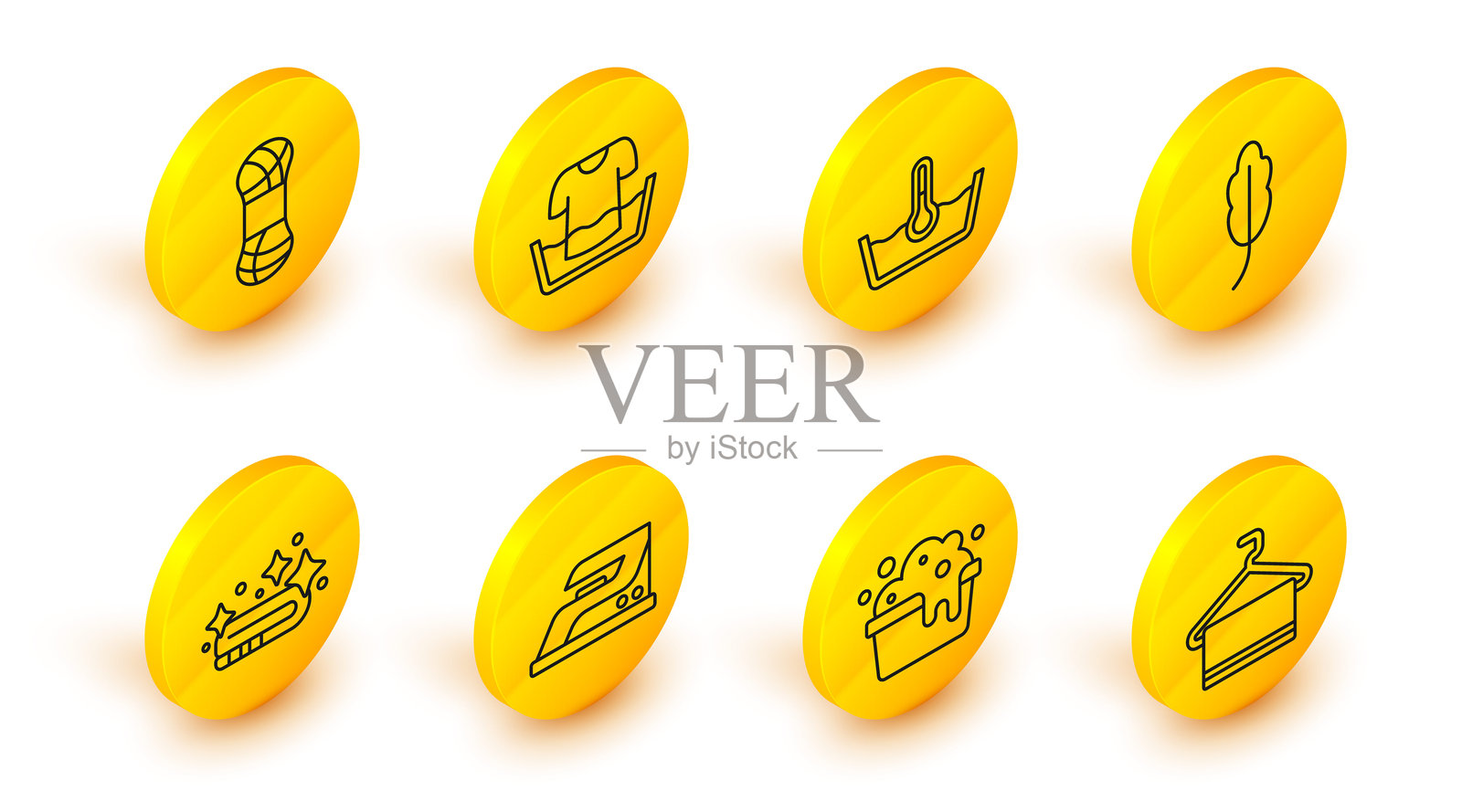 将毛巾挂在挂架上,洗手盆里有肥皂泡,电熨斗,叠放的衣物,羽毛,洗涤温度,衬衫和纱线图标。矢量图。插画图片素材