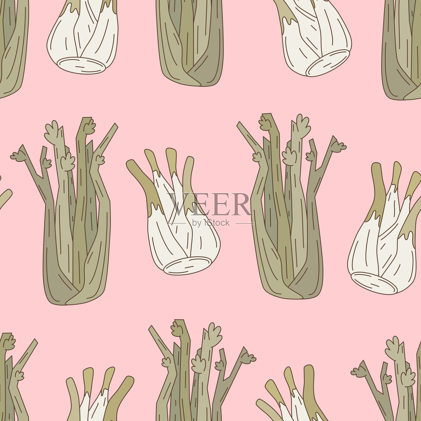 可爱的手绘茴香和芹菜蔬菜无缝矢量图案插图,背景为粉色插画图片素材