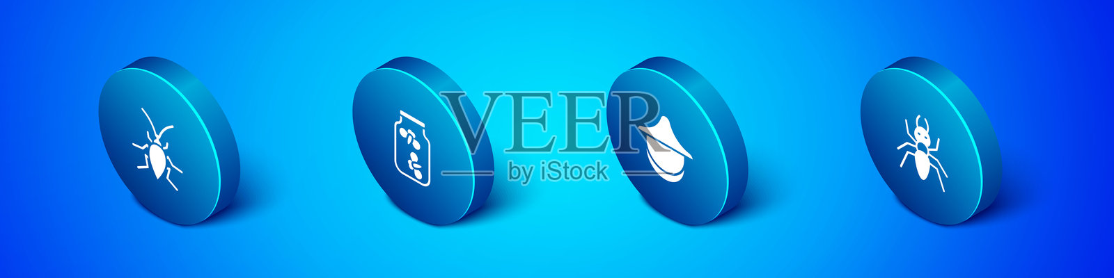 等距蟑螂、养蜂人帽、蚂蚁和萤火虫图标在罐子里。矢量图。插画图片素材