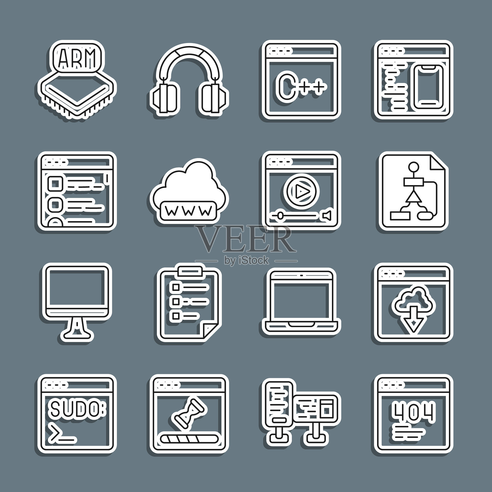 设置404错误页面,云技术数据传输,流程图,软件,网页开发,浏览器文件,处理器和在线视频播放图标。矢量图。插画图片素材