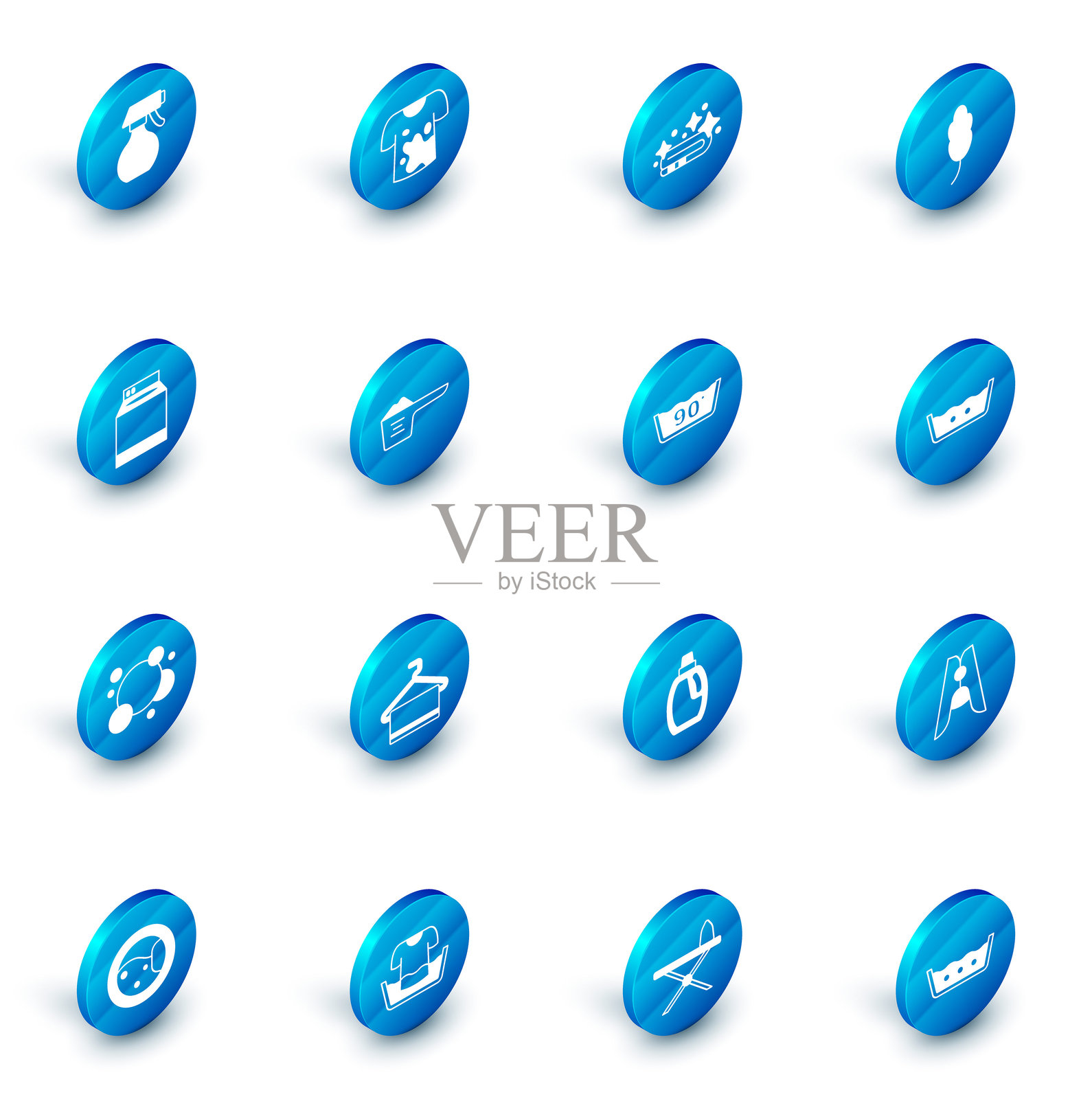 脏T恤、毛巾堆、羽毛、洗衣机、肥皂水泡、洗衣粉、洗涤温度和图标。矢量图。插画图片素材