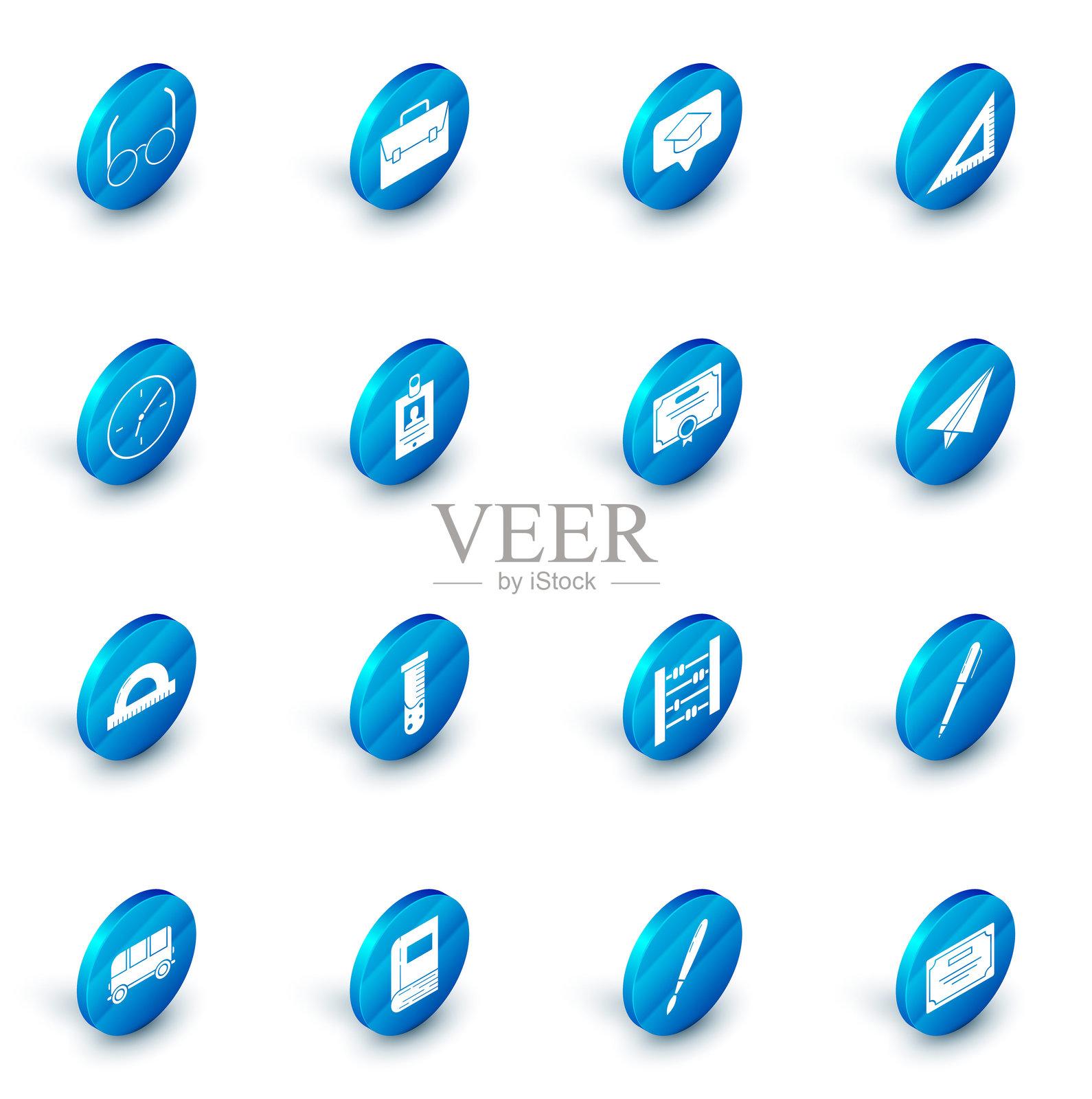 公文包、毕业帽在对话气泡中、三角尺、时钟、用于测量角度的量角器网格、身份证明徽章、纸飞机和证书模板图标。矢量图。插画图片素材