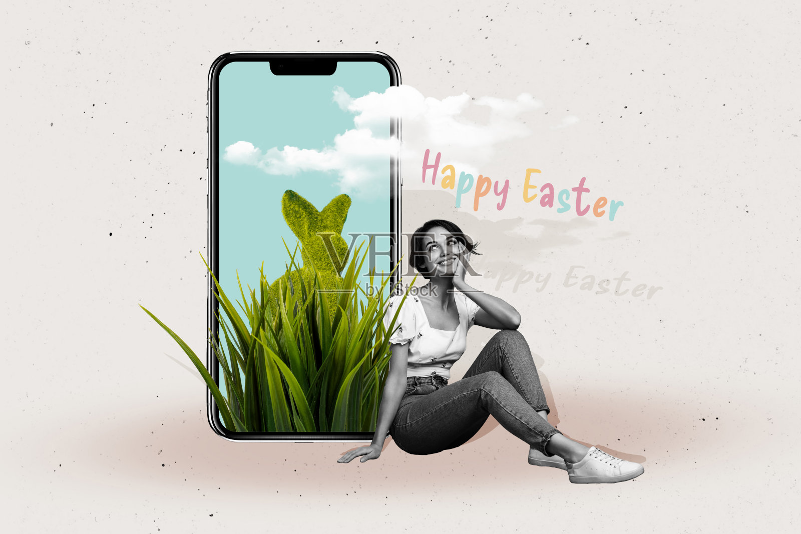 可爱的女孩在梦幻的设备屏幕上进行电子购物,复活节邀请明信片的拼贴图,奇怪、怪异、不同寻常。照片摄影图片