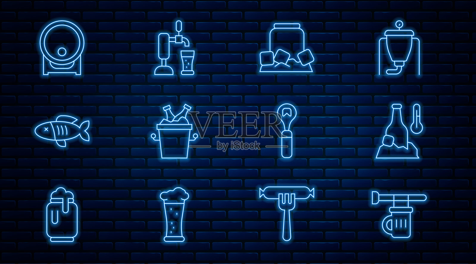 酒吧招牌,啤酒杯,冰镇瓶装啤酒,罐装啤酒,冰桶中的啤酒瓶,干鱼,架子上的木桶,开瓶器和水龙头图标。矢量图。插画图片素材