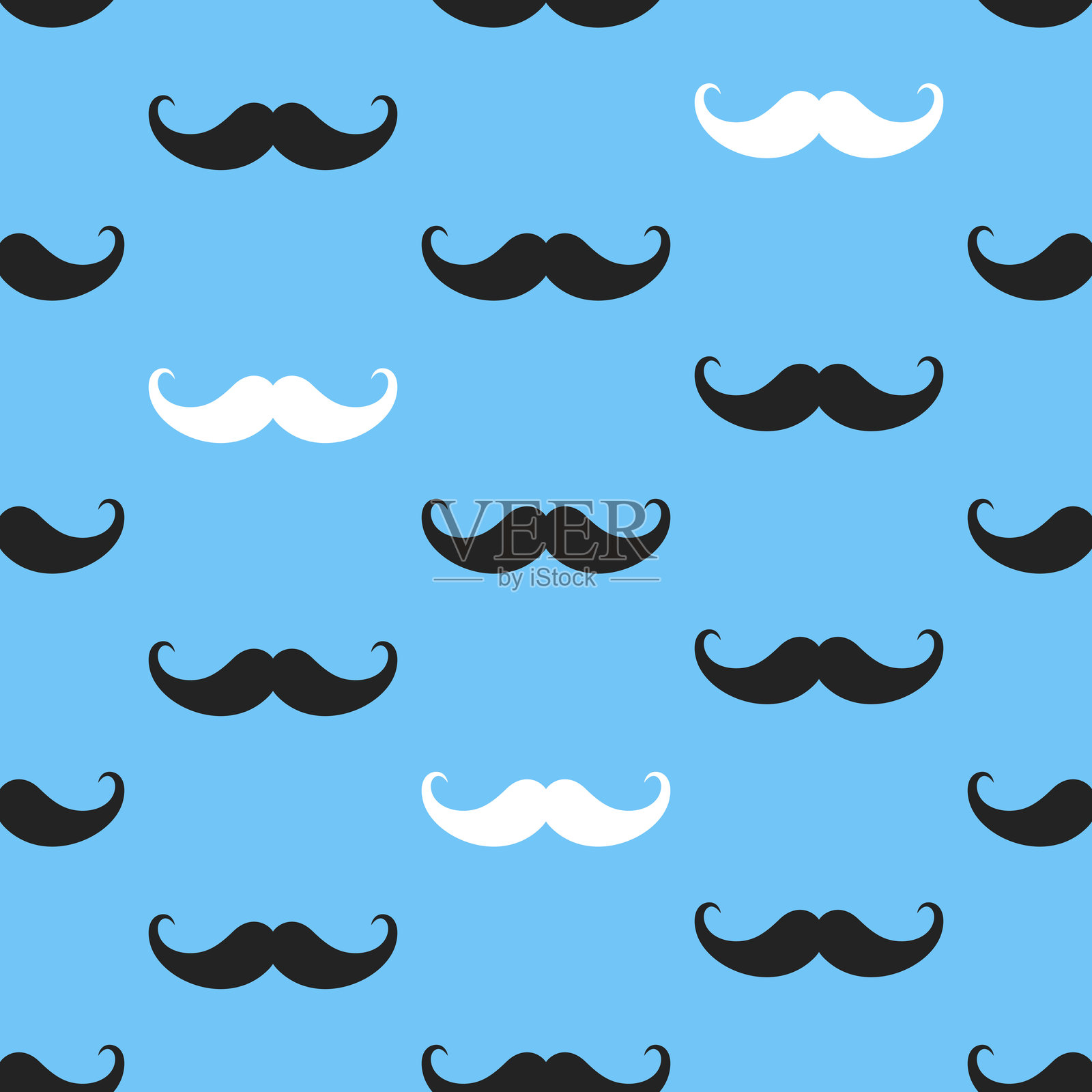 无缝图案与黑色和白色的胡子在蓝色的背景。经典的胡子轮廓。插画图片素材