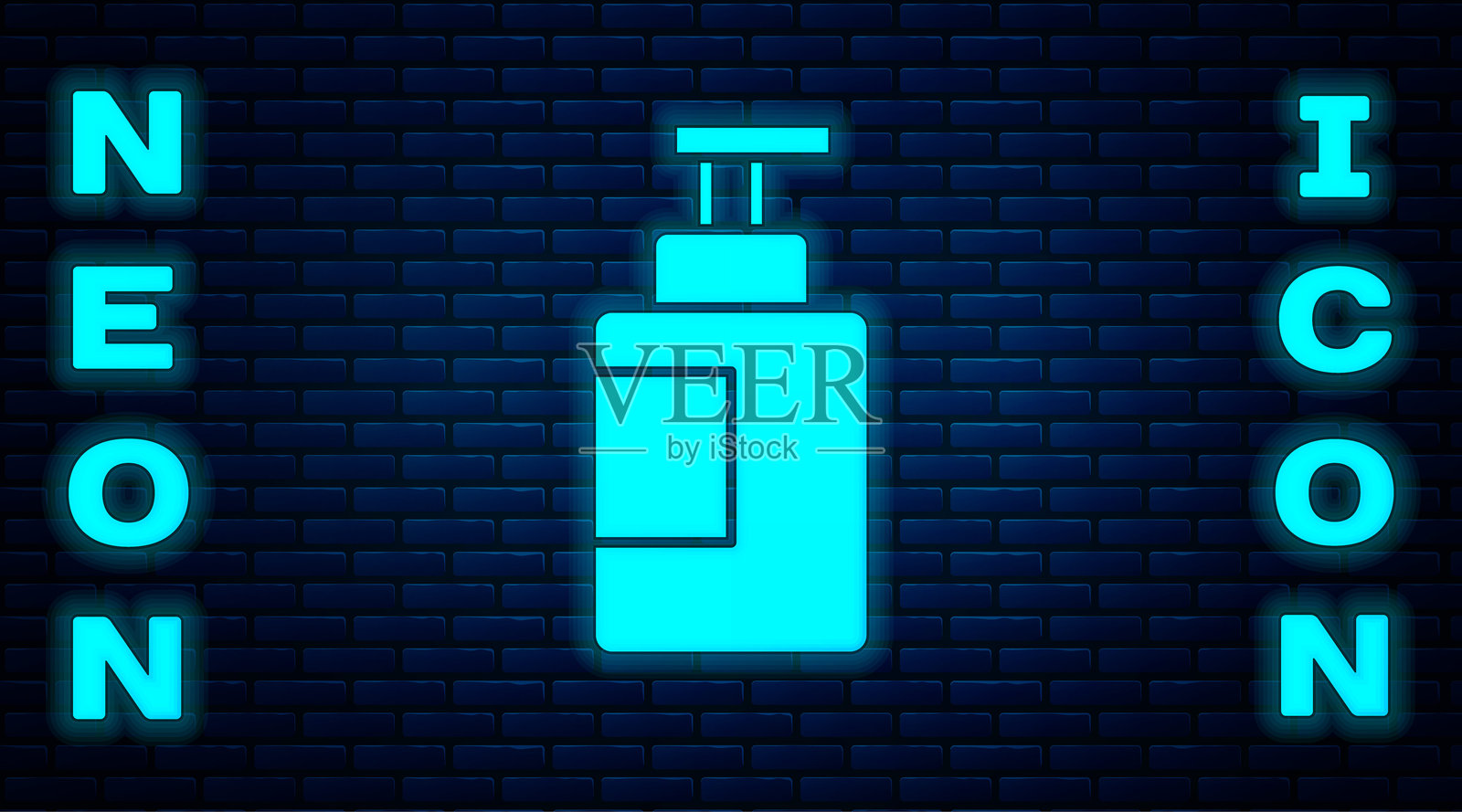 发光的霓虹洗手液瓶图标,背景为砖墙。消毒概念。洗涤凝胶。用于卫生的酒精瓶。矢量图。插画图片素材