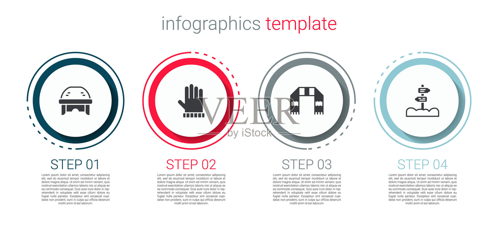 冰球头盔、圣诞手套、冬季围巾和道路交通标志杆。商业信息图模板。矢量图。插画图片素材