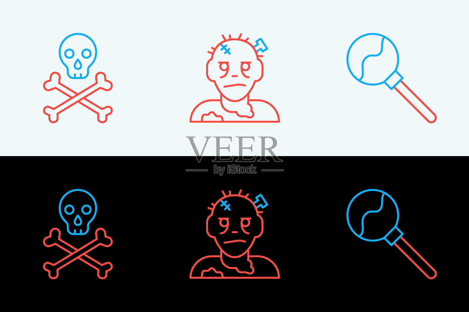 棒棒糖、骷髅与交叉骨头、僵尸面具图标。矢量图。插画图片素材