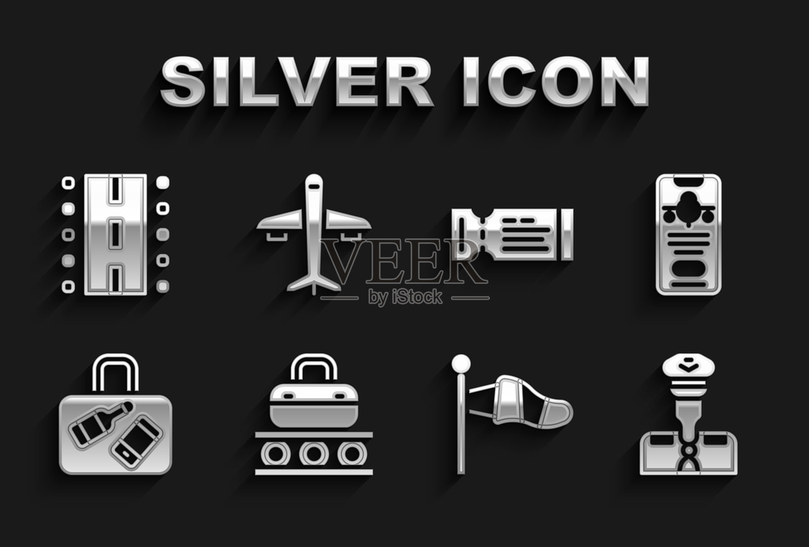 行李传送带、移动票据、飞行员、锥形气象风向标、行李、航空公司、机场跑道和飞机图标。矢量图。插画图片素材