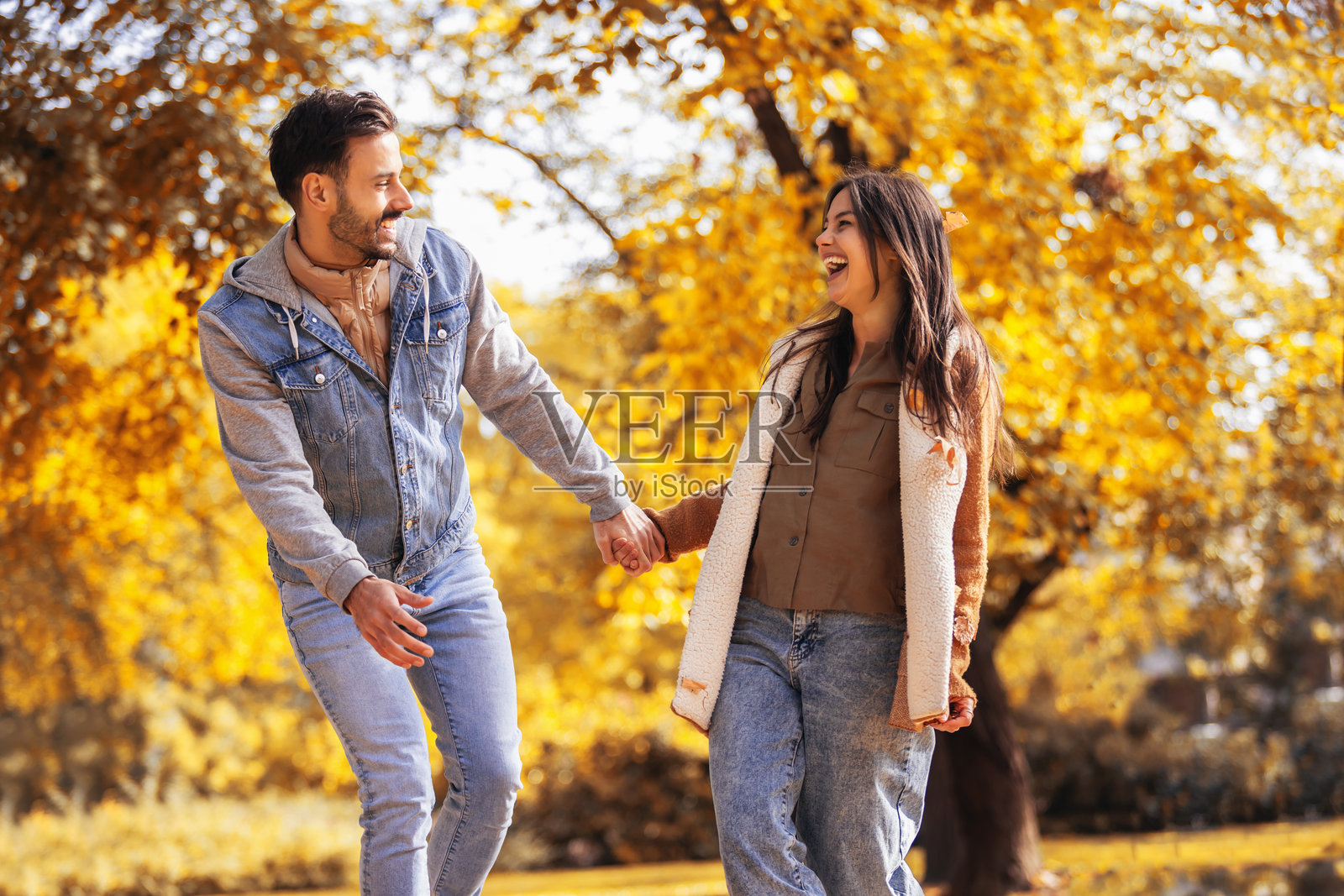 年轻快乐的情侣在阳光明媚的秋日里手牵手在五彩缤纷的公园中奔跑。照片摄影图片