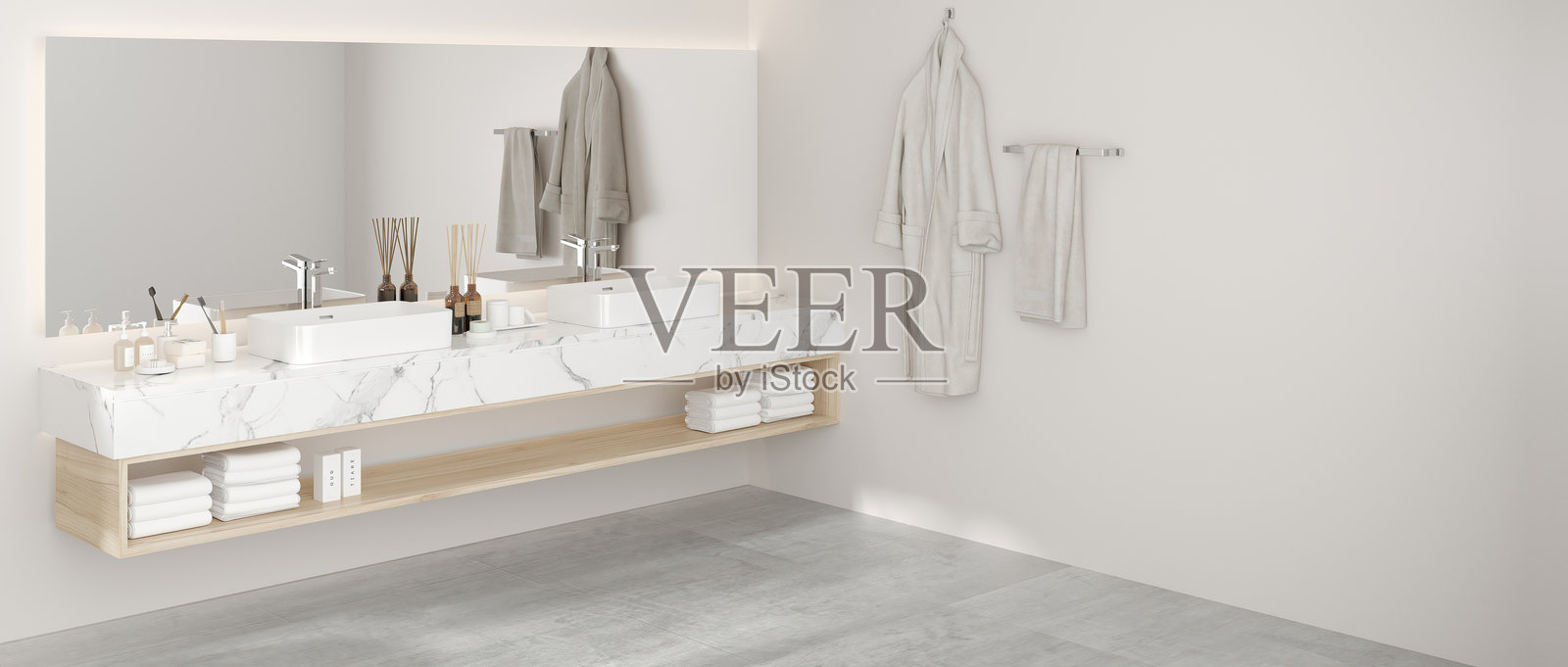 浴室内部有大理石水槽和白色墙壁,3D插图。照片摄影图片