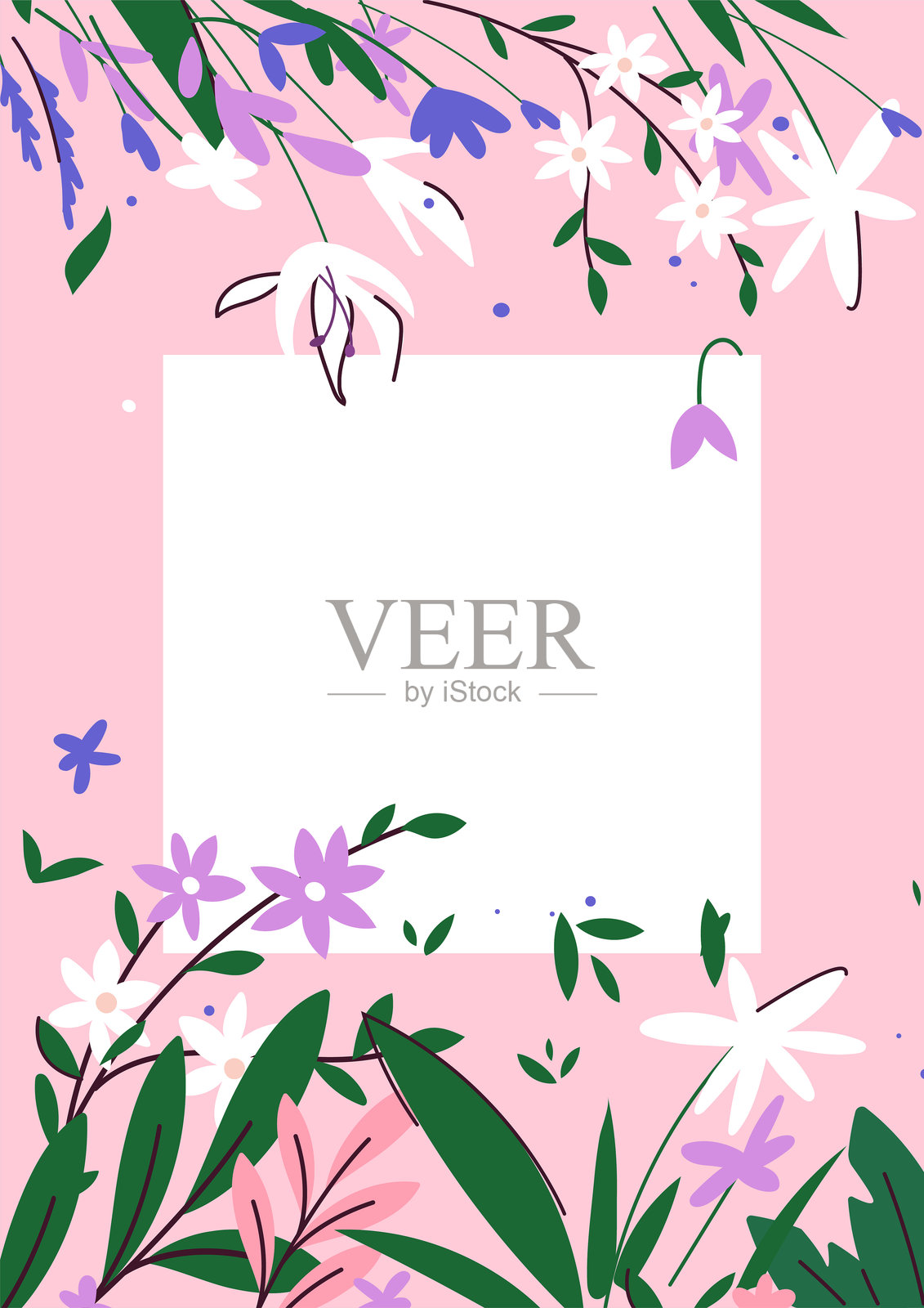 带有文本空间的花框架,具有风格化的花朵和叶子,粉红色背景上的矢量插图,春天的概念。插画图片素材