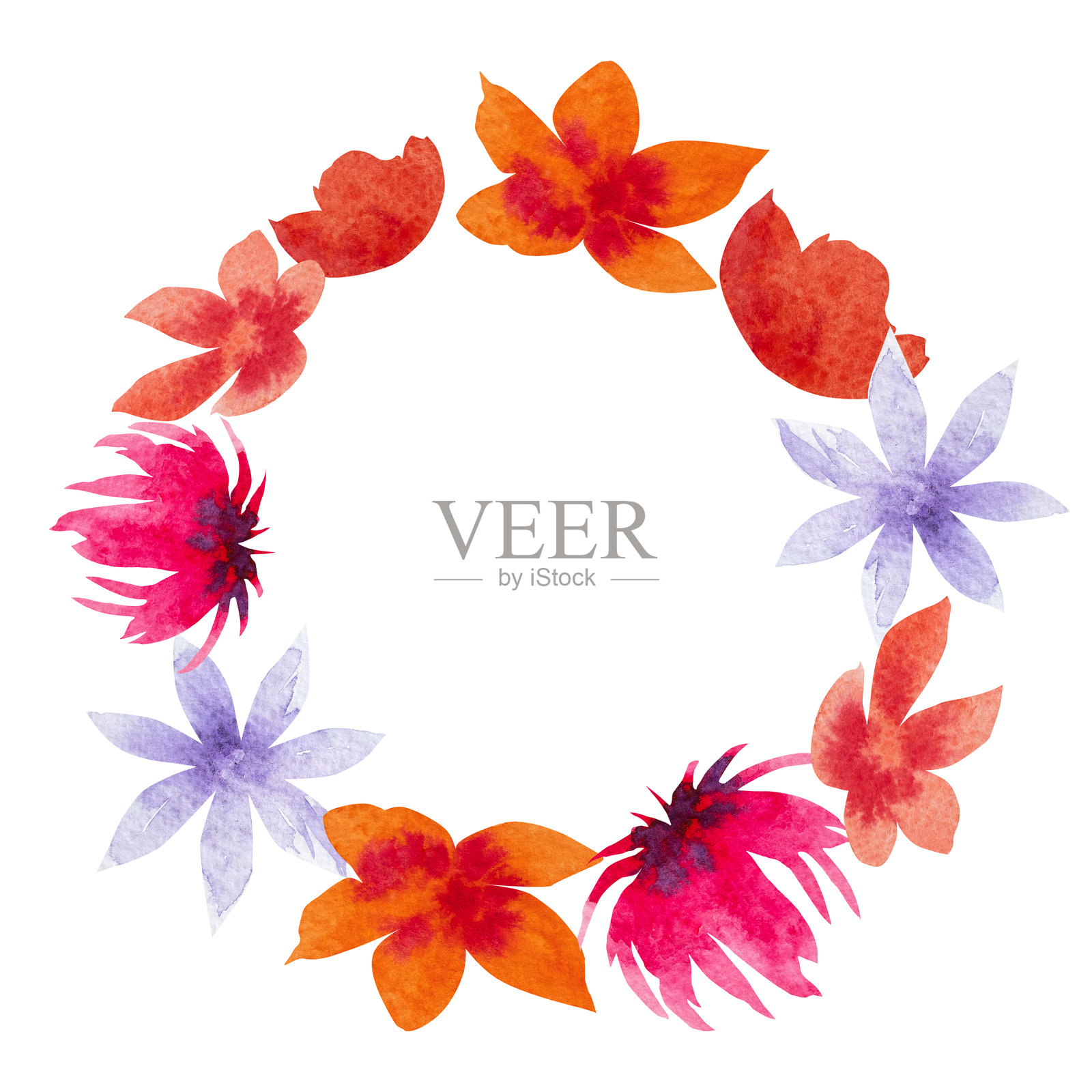 水彩框架的抽象花的问候,婚礼卡片,标志,纺织品图案。花框,手绘水彩。用不同形状和颜色的水彩花进行设计插画图片素材