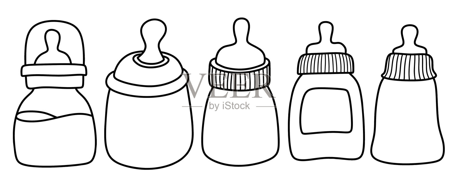 手绘婴儿奶瓶和奶嘴设置孤立的白色背景。插画图片素材