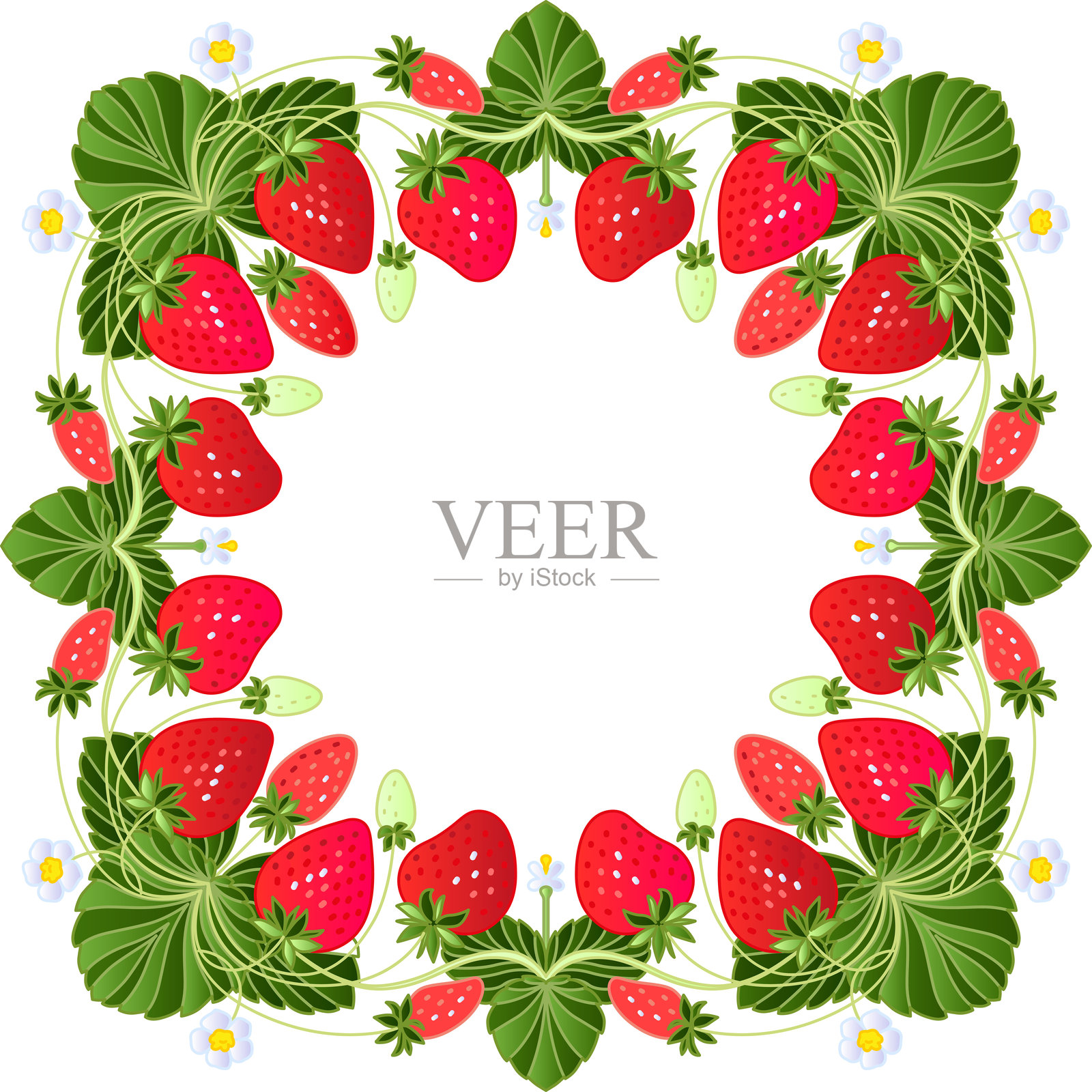 草莓叶和浆果花环框架。民俗主题概念。手绘矢量插图,不是人工智能插画图片素材