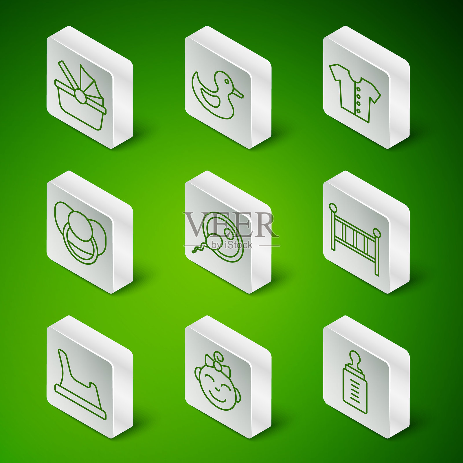 集线奶瓶,小女孩头,婴儿车,精子,假奶嘴,橡皮鸭,便盆和婴儿床摇篮床图标。向量插画图片素材