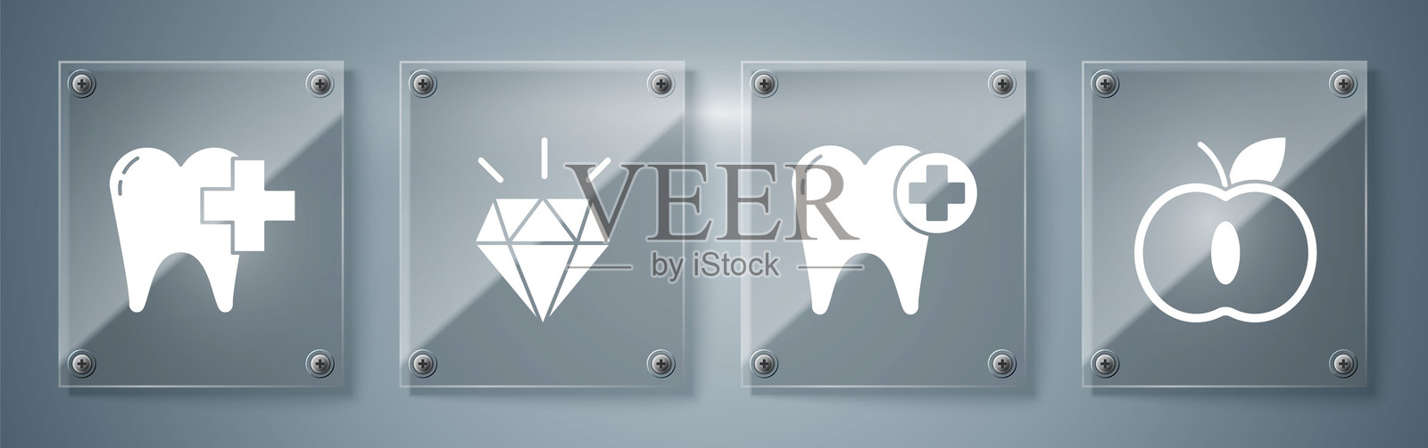 集苹果、牙齿、钻石、牙科诊所为一体的牙科保健牙齿。方形玻璃板。向量插画图片素材