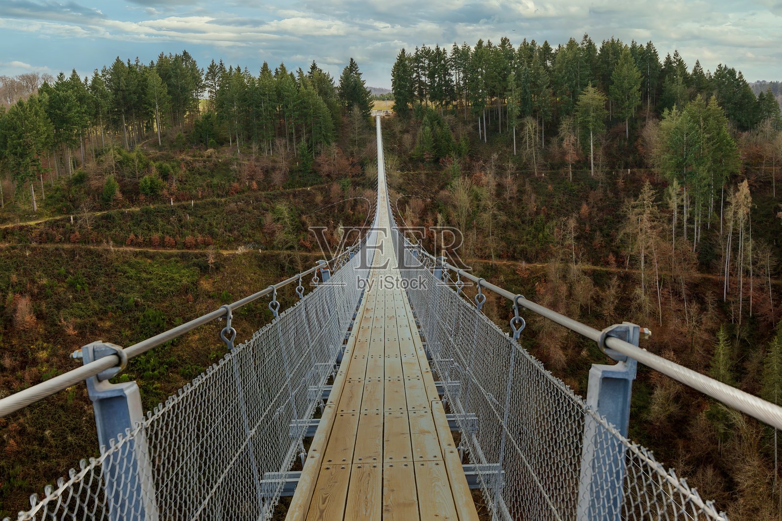 Geierlay悬索桥,长近400米,深约100米。照片摄影图片