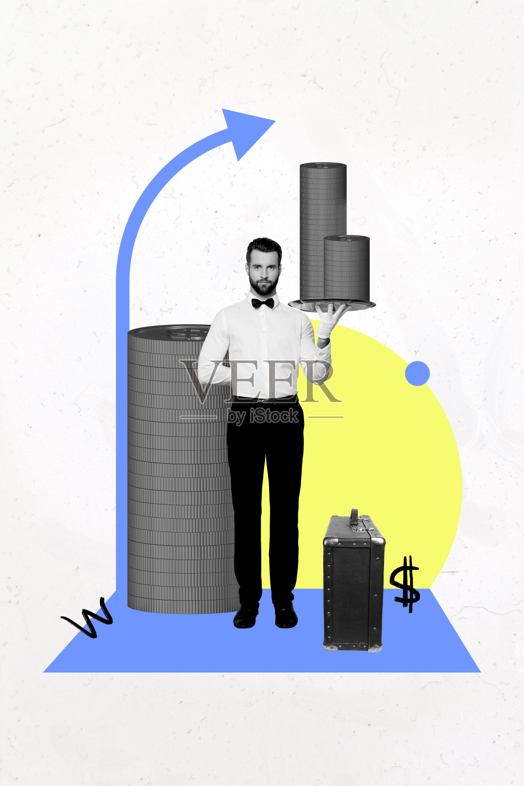 严肃的商人手持盘子,展示美元投资收入的垂直照片拼贴,背景为涂鸦风格。照片摄影图片