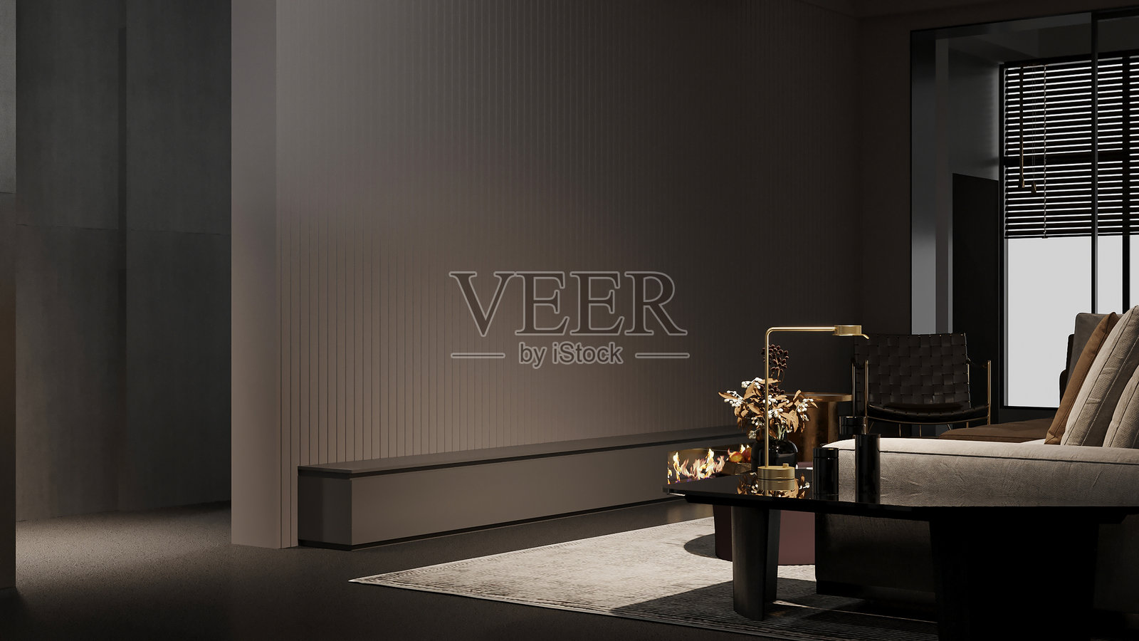 现代简约风格的黑色客厅,配有壁炉和纹理墙面照片摄影图片