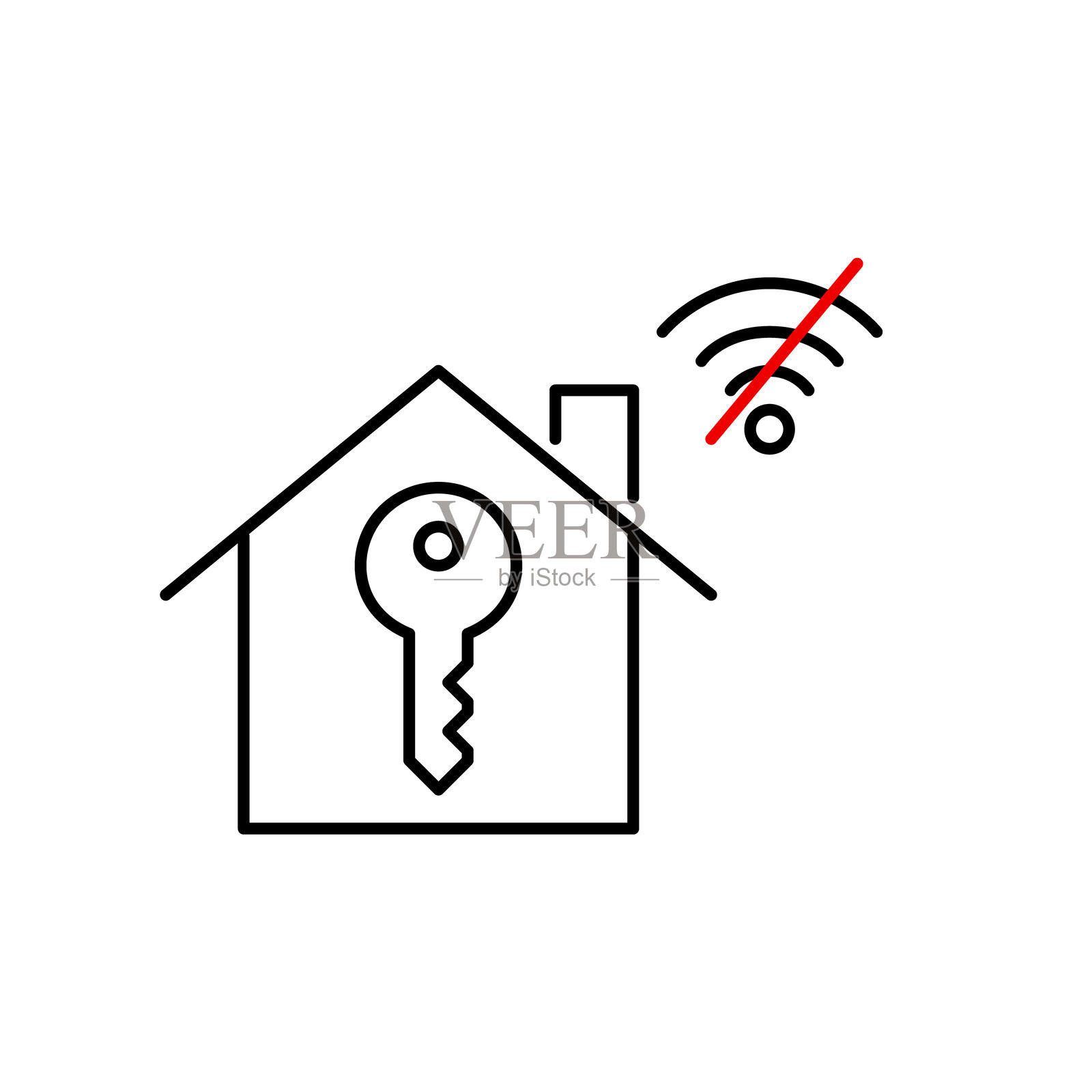 房子、钥匙和无Wi-Fi符号。智能锁离线,需要手动输入。像素完美的矢量图标插画图片素材