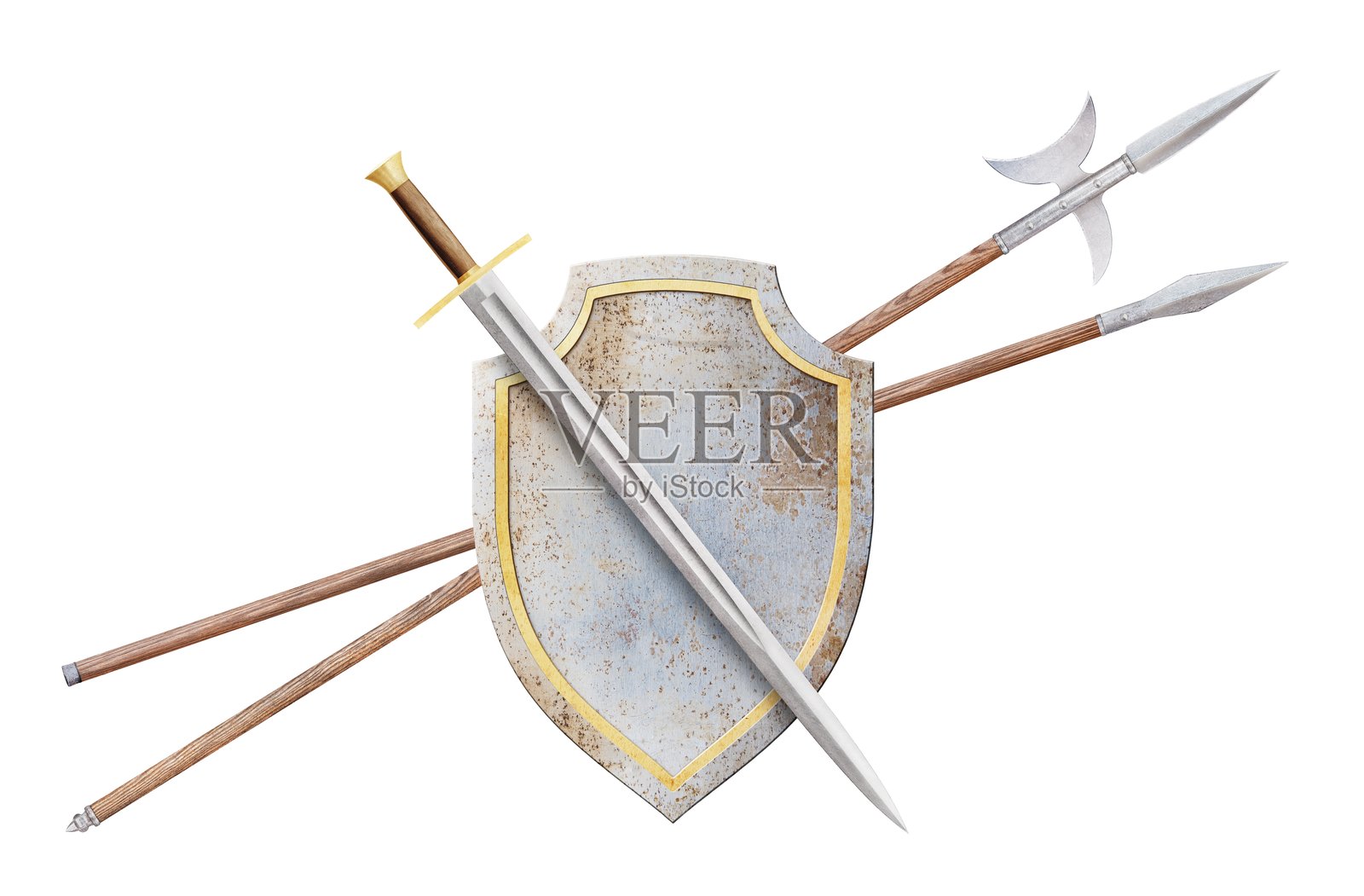 剑、盾、长矛和戟在白色背景上孤立展示照片摄影图片